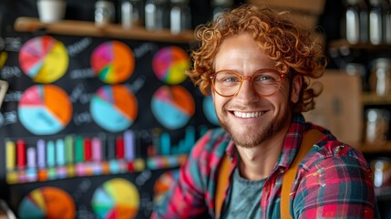 Ambitious young man setting career goals with glossy backdrop in professional development concept