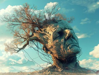 Elderly man with tree growing out of head symbolic representation of growth and transformation in nature and aging process
