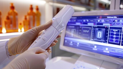 Hand operating a modern medical device in a clinic.