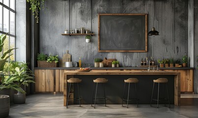 Modern kitchen with a blank chalkboard on the wall