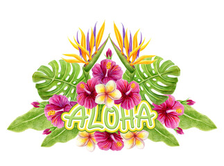 Aloha Hawaii greeting. Tropical greenery bouquet. Hand drawn watercolor painting with Hibiscus flowers and palm leaves. Design element. © Marisha