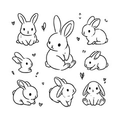 Cute bunny rabbit outline sketch vector illustration. Minimal bunny line art doodle in different poses.