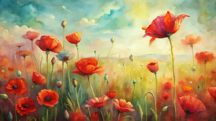 Charming red poppy watercolor background