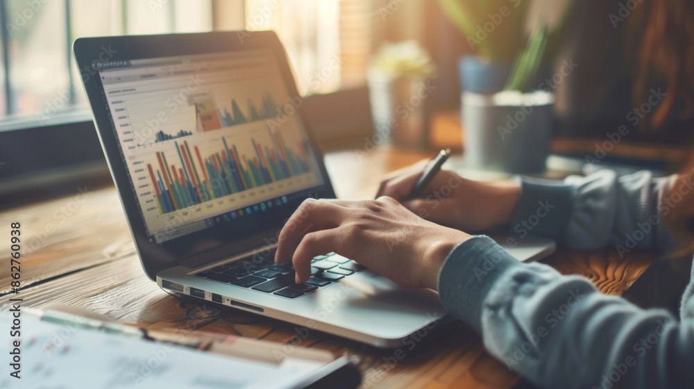 Fototapete a businessperson working on a laptop with a financial graph displayed on the screen, focusing on dat