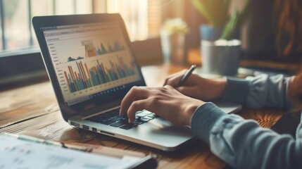 A businessperson working on a laptop with a financial graph displayed on the screen, focusing on data analysis