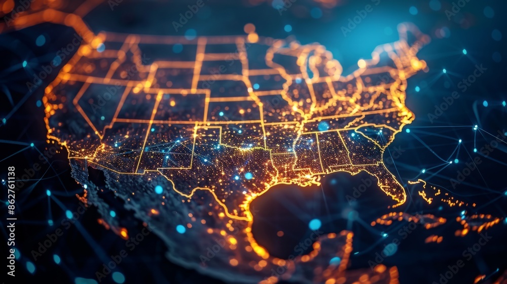 Wall mural abstract image of the united states glowing on a dark background with connecting lines and dots