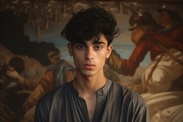 A man with dark hair and a beard is standing in front of a painting