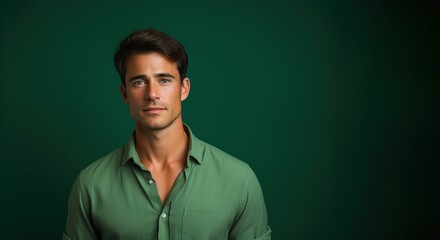 Fototapeta premium A man in a green shirt is standing in front of a green background