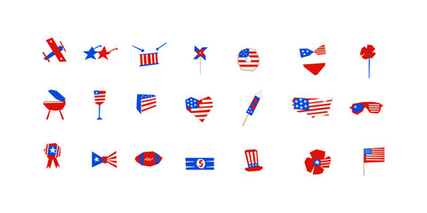 Collection of icons for Independence Day of USA 4th of July celebration. National Freedom Day in cutout style