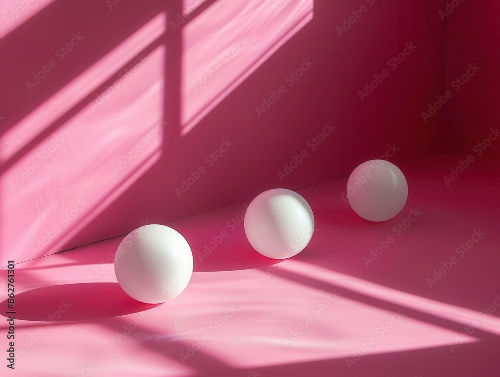 Poster minimalist white objects casting shadows on a vibrant magenta background, adding depth and dimension