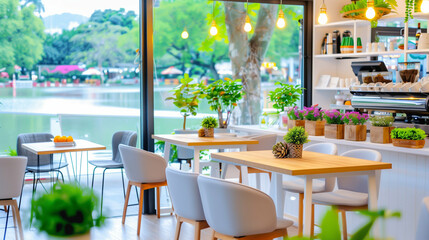 Cafe interior with lake view. Modern decor and plant decor