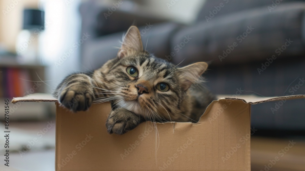 Poster a chunky cat attempting to fit into a small cardboard box, showing a cute yet comical struggle.