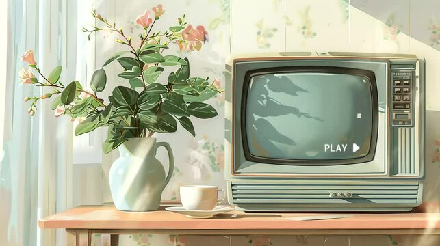 Vintage tv with flower vase and hot coffee in a room. Seamless loop video background