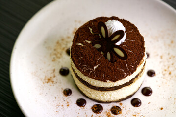 Close up cute round shape and decoration of Tiramisu on white plate. View from above of Tiramisu and black table surface.