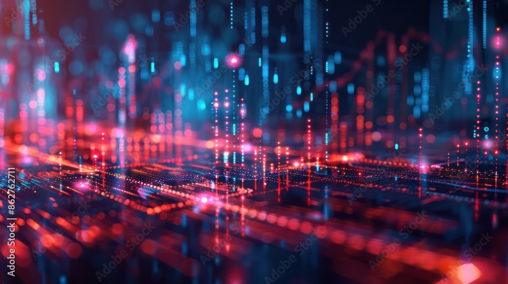 Poster a computer generated image of a cityscape with a red and blue background. the image is full of brigh