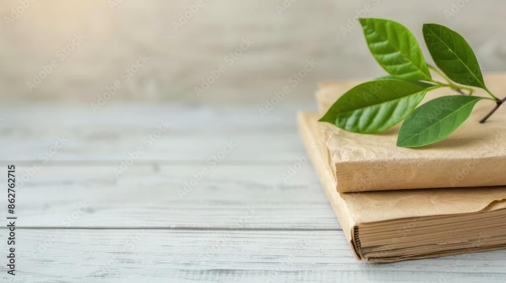 Poster a book with a leaf on top of it. concept of nature and simplicity