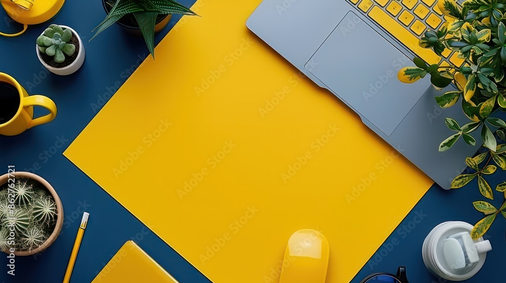 Poster a yellow background with a laptop and a mouse on it. there are plants on the table and a cup