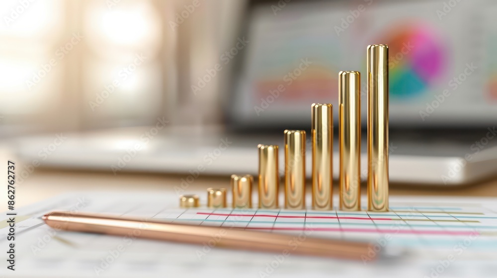 Poster A graph with a gold bar on top of it. The graph is on a table with a laptop and a pen