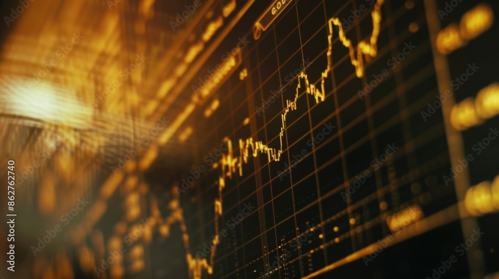Poster A close-up of a computer screen displaying a detailed gold price graph, showing fluctuations and trends in the market.