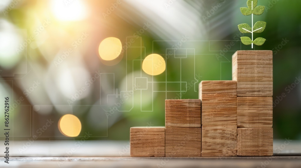 Poster A wooden block with a green leaf on top of it. The blocks are stacked on top of each other, creating a staircase. Concept of growth and progress, as the leaf represents new life