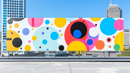 Obraz premium Colorful Billboard Art with Abstract Circles. Set Against a Cityscape Backdrop for Modern Design