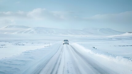 Serene Winter Driving Through Snowy Mountainous Landscape on Open Road