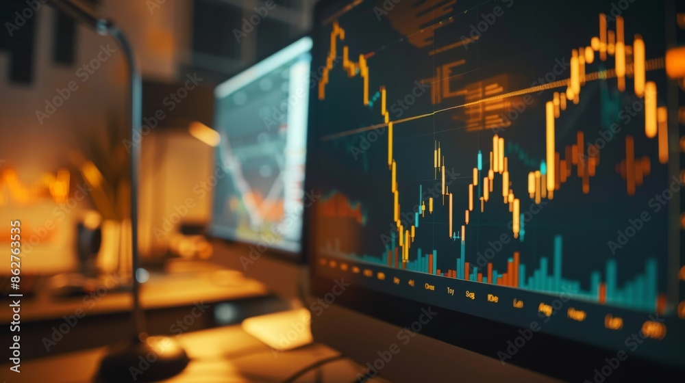 Poster A close-up of a gold price graph on a computer monitor, showing recent market trends and analysis.