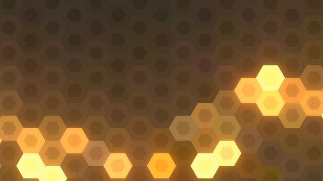 Hexagonal pattern with mostly dark coloured hexagons and some with golden yellowish glow, giving it a honeycomb like view.