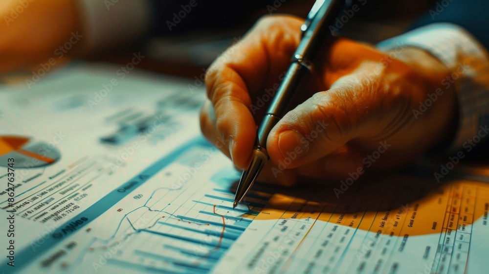 Poster a close-up of a hand holding a pen, pointing at a financial graph on a printed report during a meeti