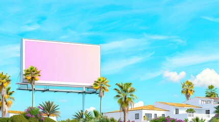 Billboard in Coastal Area with Palm Trees. Tropical Landscape and Blue Sky