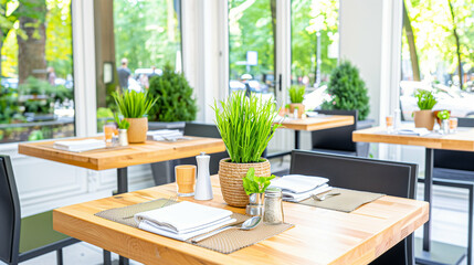 Fototapeta premium Restaurant table arrangement with plants. Bright interior