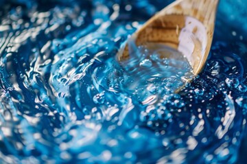 A close-up of blue tea being stirred with a wooden spoon, creating swirling patterns in the vibrant liquid. 