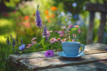A peaceful garden setting with a cup of blue tea on a rustic wooden table, surrounded by blooming flowers. 