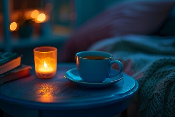 A relaxing evening scene with a cup of blue tea on a bedside table, next to a glowing candle and a book. 