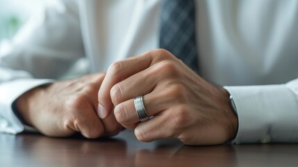 Closeup of hands resting on a table, with a man wearing a silver ring and a tie. Conceptual image illustrating contemplation, decision making or business. Office style. Ideal for business purposes. AI