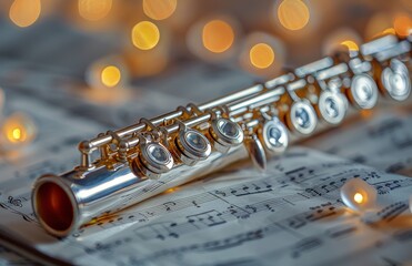 Obraz premium Silver Flute Resting On Sheet Music With Bokeh Lights