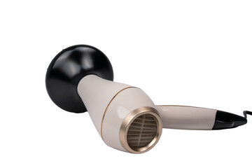 Hair dryer for drying hair on a white background. The buttons are labeled 