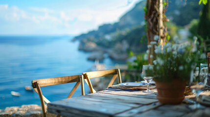 Beautiful view from summer terrace to mountains and sea