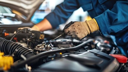 A mechanic providing maintenance and repair services for a car, with a clear background ideal for adding customized messages or branding , 