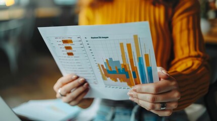 A close-up of hands holding a printed report with bar graphs and discussing financial strategies.