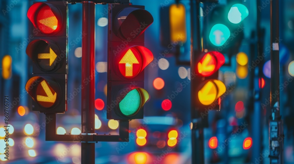 Poster A close-up of traffic signs and signals at a busy intersection, illustrating traffic management in the city.
