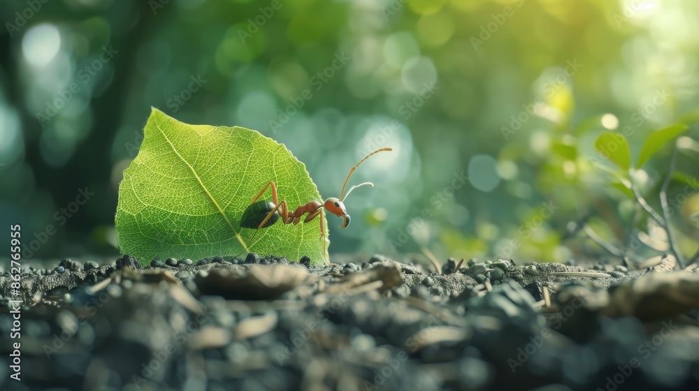 Poster a close-up shot of a single ant carrying a leaf, showcasing its strength and determination on a fore