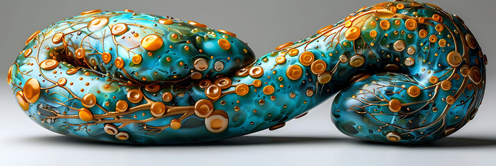 Fototapeta premium Delve into 3D pancreas model Imagine the ducts glowing in turquoise the pancreatic tissue in rich yellow and the islets in shimmering gold Place this pancreas against a pure white backdrop