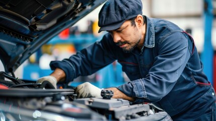 A mechanic inspecting under the hood while repairing a car, against a simple background perfect for adding text or logos 