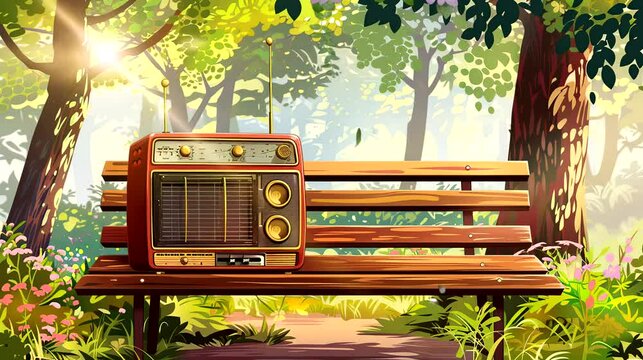 An old radio on bench in the park. Seamless looping time-lapse 4k video animation background