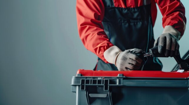 A mechanic expertly repairing a car, with a toolbox nearby, against a blank background with ample space for text or branding ,