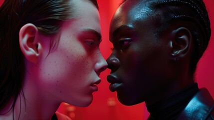 Intimate close-up of two individuals facing each other with contrasting skin tones under dramatic lighting. Representation of unity and diversity.