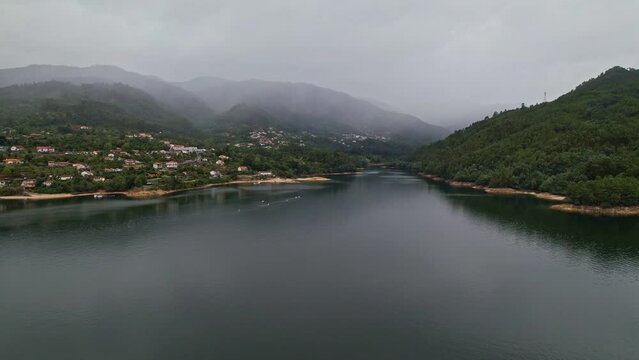 Aerial view of dramatic foggy Cavado river in Peneda-Geres National Park, Northern Portugal.