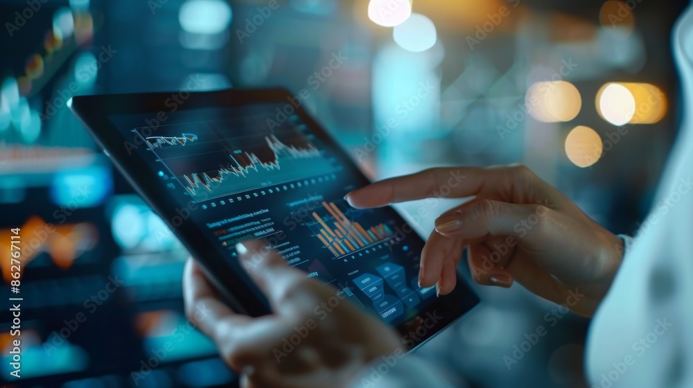 Poster A financial advisor explaining a complex financial graph to a client using a tablet, with focus on the screen.