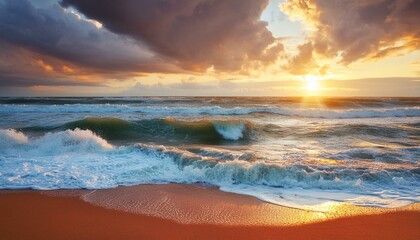 sea waves with sunset in sky with heavy clouds